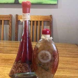 Two bottles w mixed vegies decor only